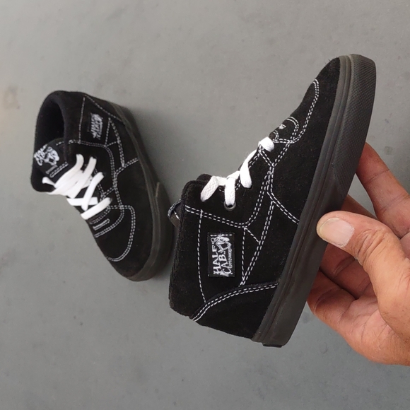 VANS HALF CAB BLACK/WHITE STITCH (TC6D) KIDS PROFESSIONAL SKATE BOARD SHOE - Picture 12 of 17